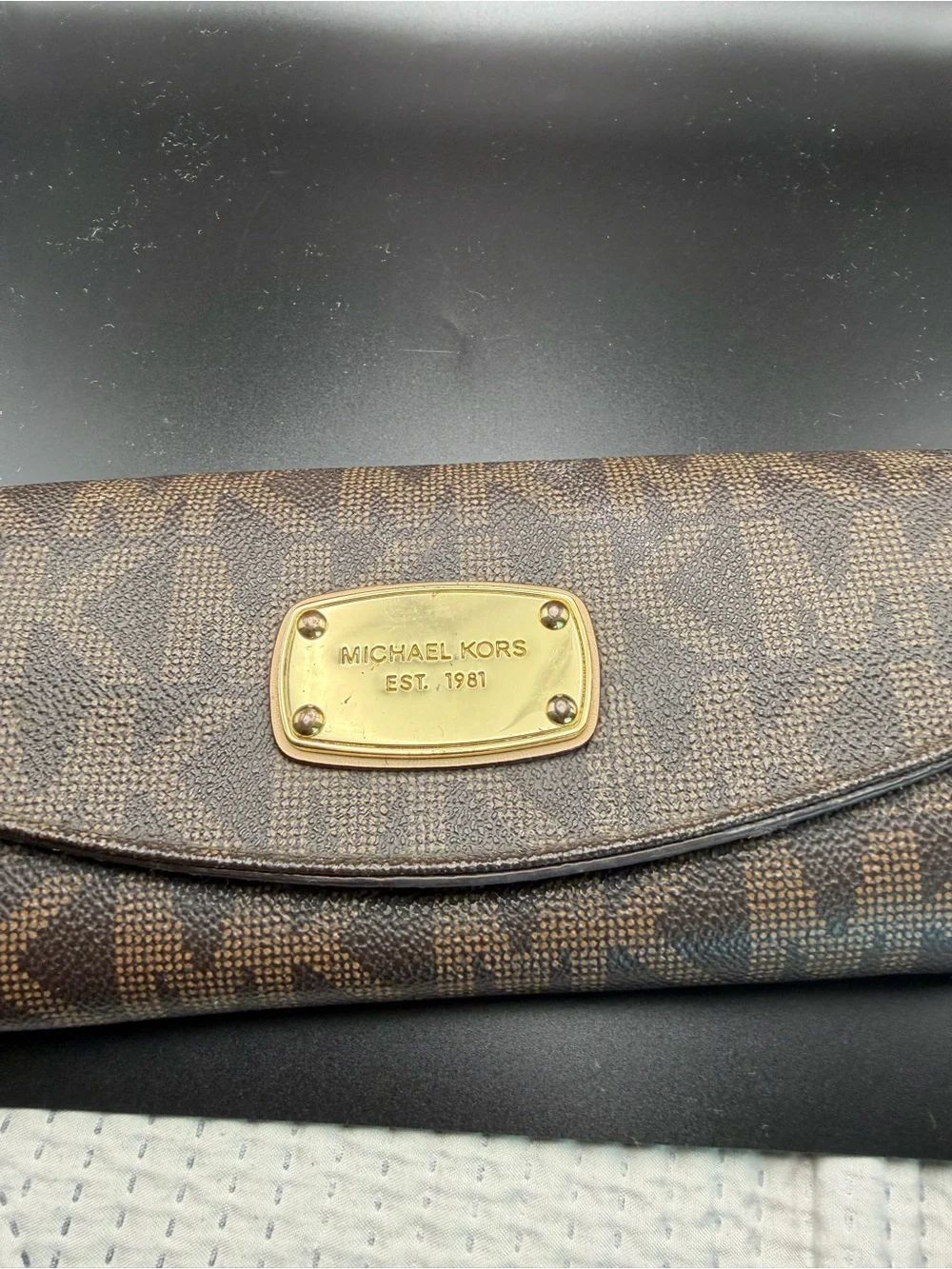 Michael Kors Brown Logo Zip Continental Wallet with Gold Plate